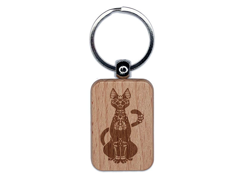 Bastet Feline Egyptian Cat Goddess Engraved Wood Rectangle Keychain Tag Charm
