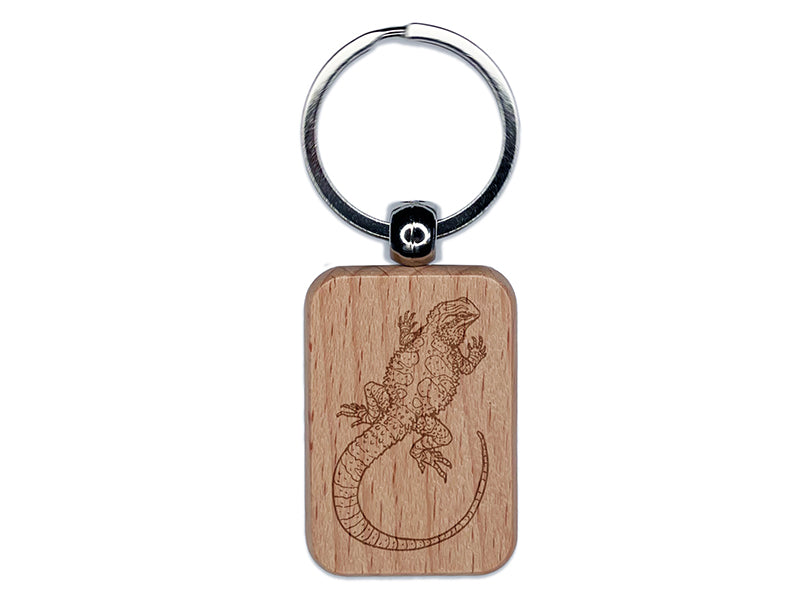 Bearded Dragon Lizard Looking Back Engraved Wood Rectangle Keychain Tag Charm