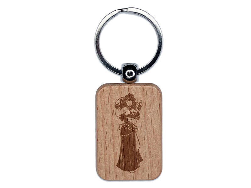 Beautiful Egyptian Belly Dancer Engraved Wood Rectangle Keychain Tag Charm