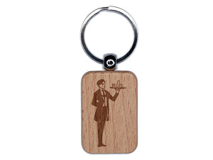 Butler Servant with Tray Engraved Wood Rectangle Keychain Tag Charm