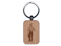 Country Cowboy Man Engraved Wood Rectangle Keychain Tag Charm