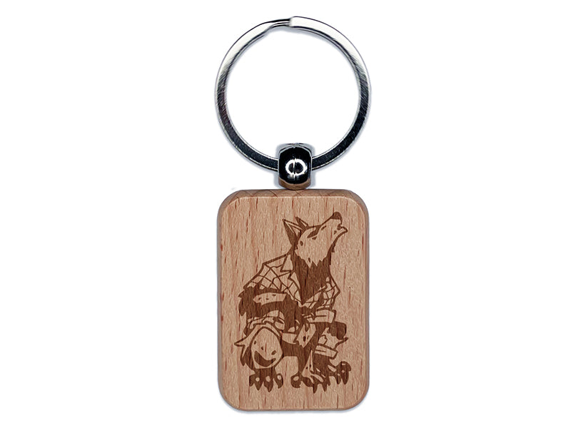 Crouched Howling Werewolf Monster Engraved Wood Rectangle Keychain Tag Charm