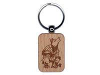 Crouched Howling Werewolf Monster Engraved Wood Rectangle Keychain Tag Charm