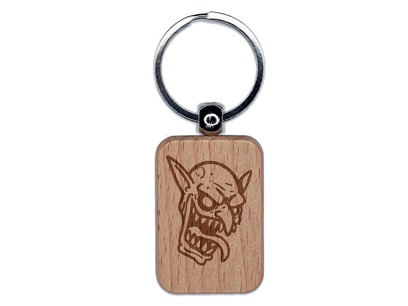 Evil Smiling Goblin Face Engraved Wood Rectangle Keychain Tag Charm