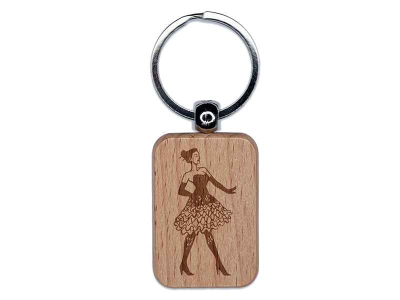 Fashion Runway Model Dress Engraved Wood Rectangle Keychain Tag Charm