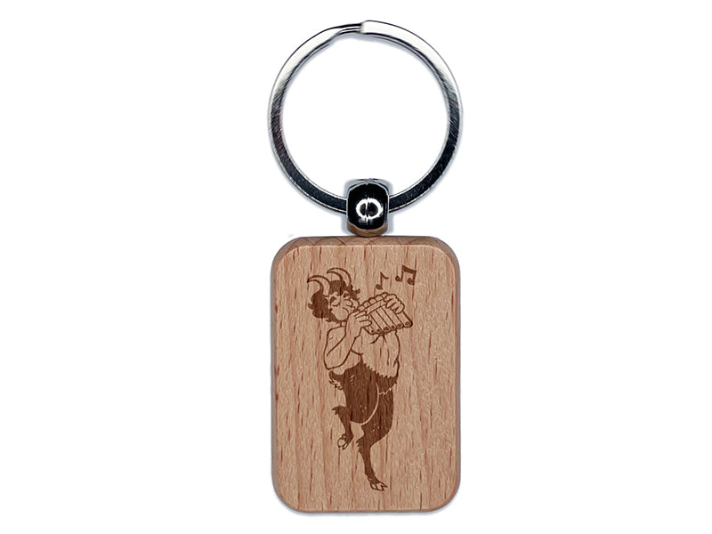 Faun Satyr Pan Flute Engraved Wood Rectangle Keychain Tag Charm