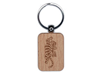 Ferocious Tiger Crawling Prowling Engraved Wood Rectangle Keychain Tag Charm