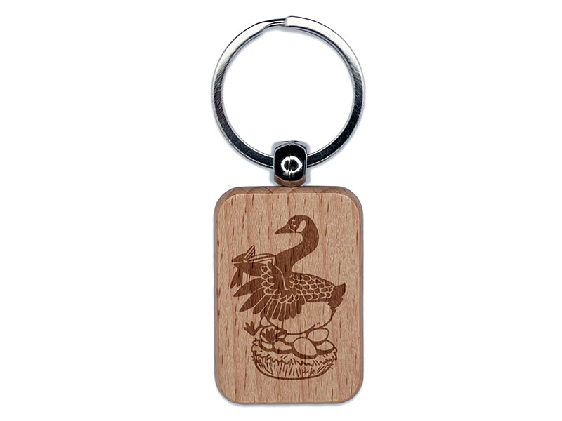 Goose Laying Eggs Engraved Wood Rectangle Keychain Tag Charm