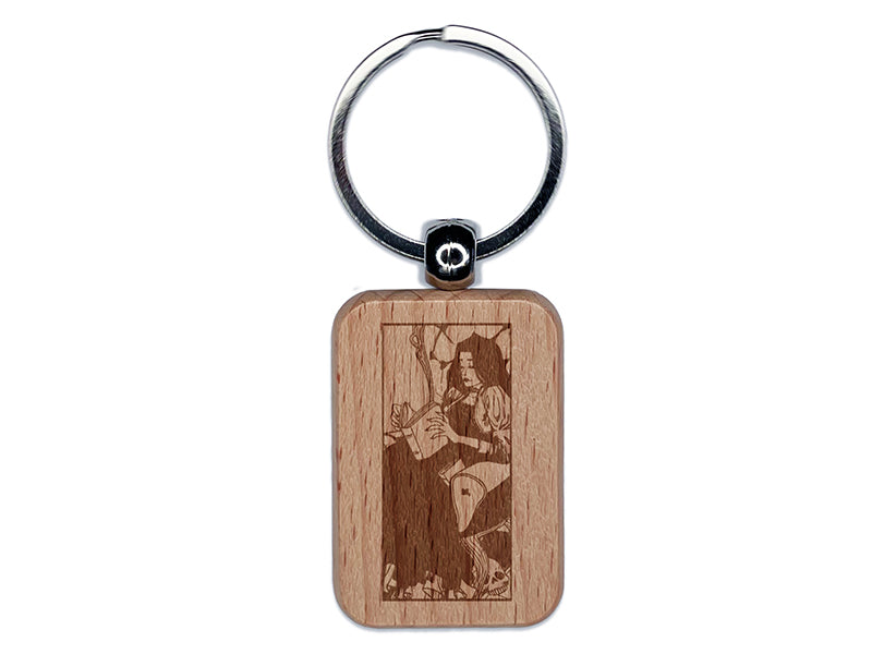 Goth Victorian Girl Reading Book Engraved Wood Rectangle Keychain Tag Charm