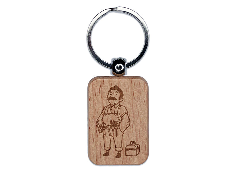 Handyman Dad with Tool Belt and Box Engraved Wood Rectangle Keychain Tag Charm
