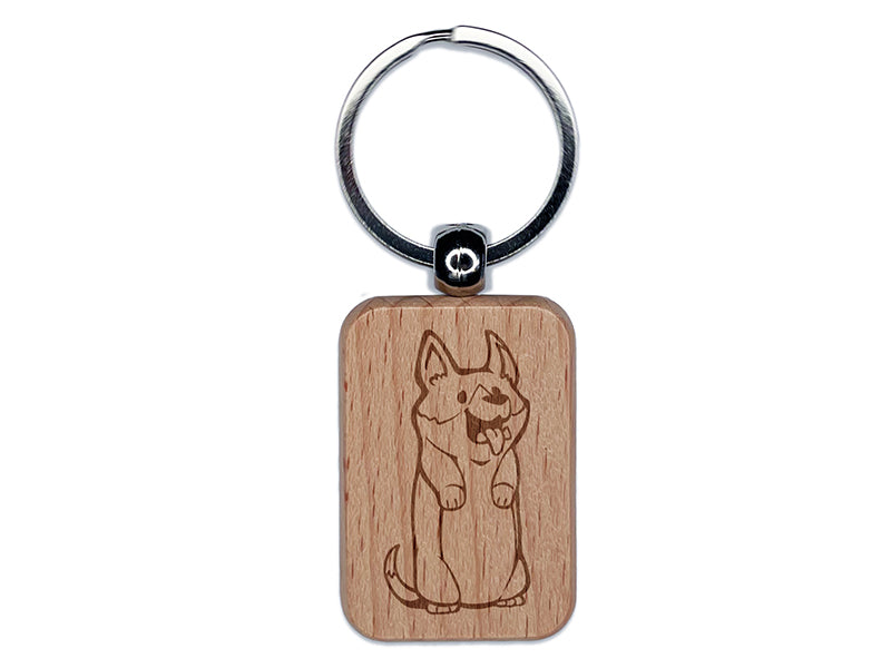 Happy Corgi Dog Standing Tall Engraved Wood Rectangle Keychain Tag Charm