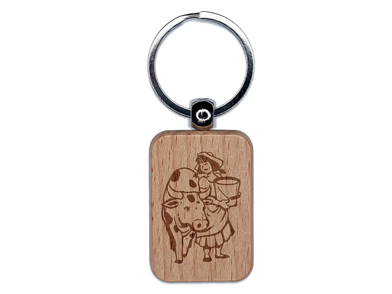 Milk Maid Bucket and Cow 12 Days of Christmas Engraved Wood Rectangle Keychain Tag Charm