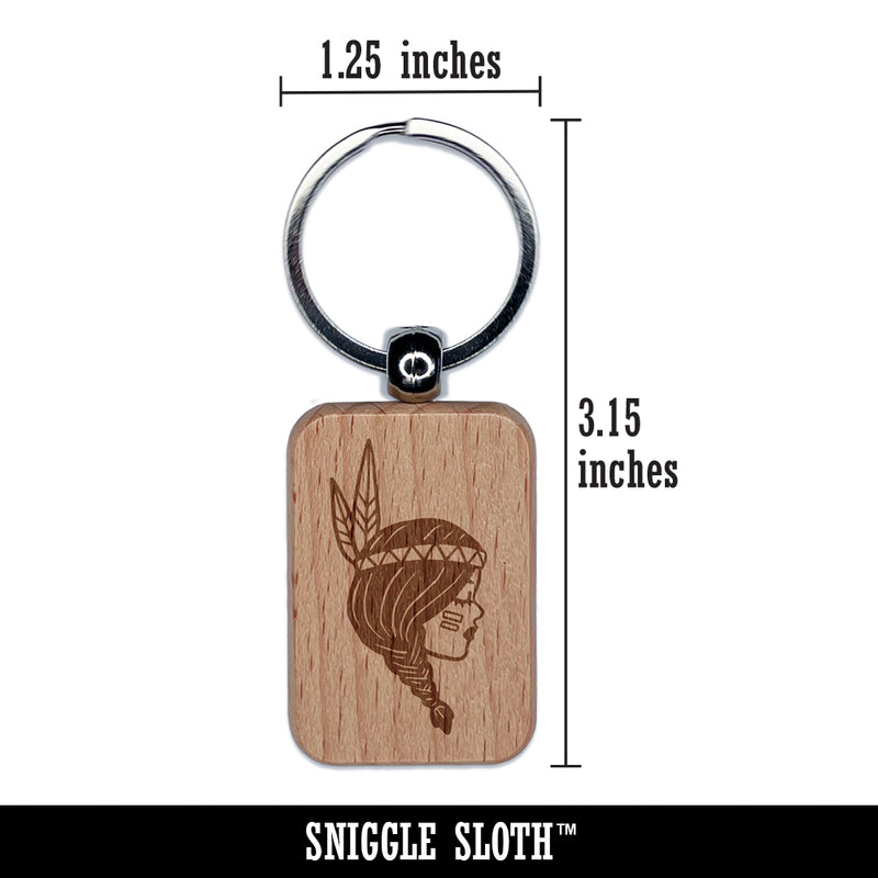Native American Girl Feather Braid Engraved Wood Rectangle Keychain Tag Charm