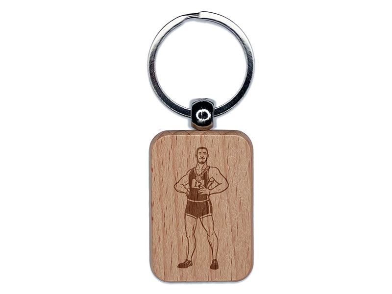 Olympic Athlete Athletic Man Engraved Wood Rectangle Keychain Tag Charm