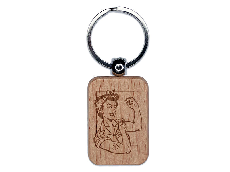 Pin-Up Rosie Flexing Bicep Engraved Wood Rectangle Keychain Tag Charm