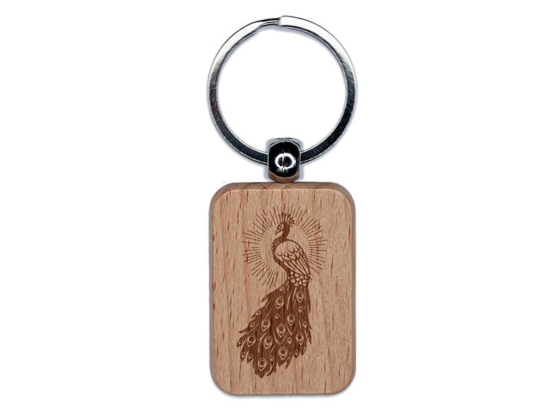 Radiant Peacock Elegant Bird Engraved Wood Rectangle Keychain Tag Charm