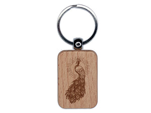 Radiant Peacock Elegant Bird Engraved Wood Rectangle Keychain Tag Charm