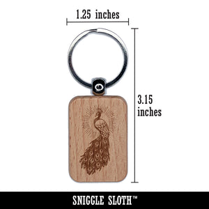 Radiant Peacock Elegant Bird Engraved Wood Rectangle Keychain Tag Charm