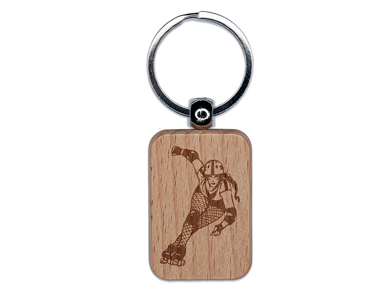 Roller Derby Girl Skates Skater Engraved Wood Rectangle Keychain Tag Charm