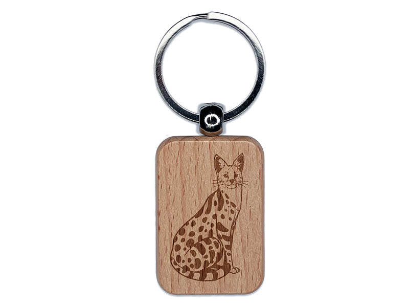 Serval Spotted Wild Cat Engraved Wood Rectangle Keychain Tag Charm