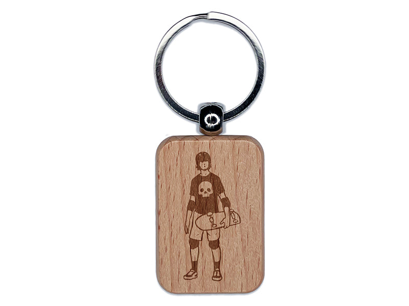 Skater Skateboard Man Extreme Sports Engraved Wood Rectangle Keychain Tag Charm