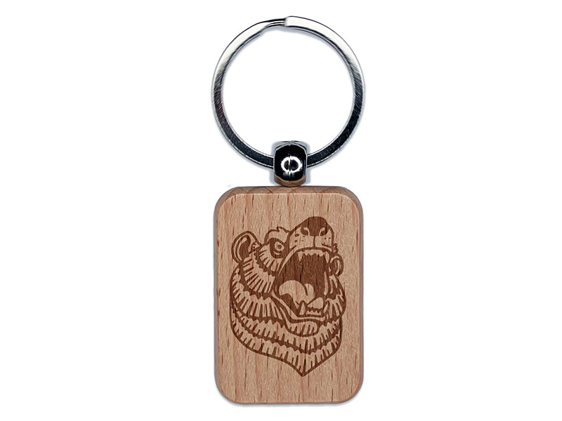 Snarling Angry Bear Head Engraved Wood Rectangle Keychain Tag Charm