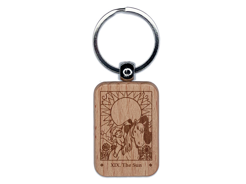 Tarot The Sun Card Major Arcana Engraved Wood Rectangle Keychain Tag Charm