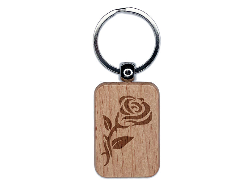 Tribal Rose Flower Engraved Wood Rectangle Keychain Tag Charm