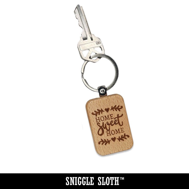 Home Sweet Home with Floral Hearts Engraved Wood Rectangle Keychain Tag Charm