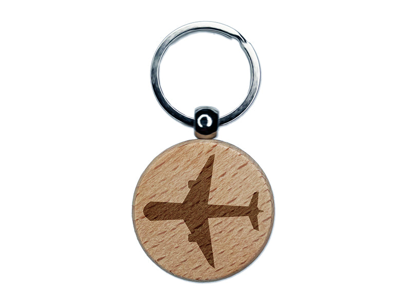 Airplane Solid Vacation Engraved Wood Round Keychain Tag Charm