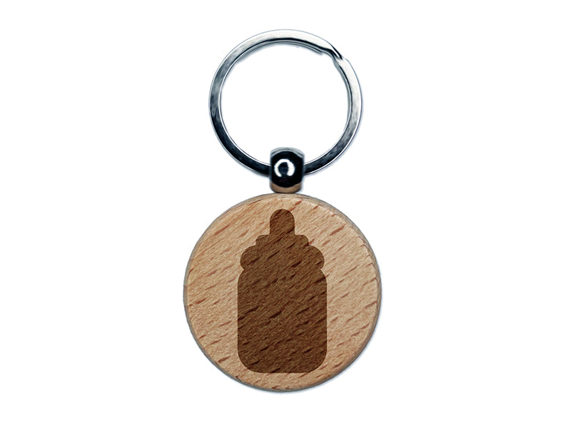 Baby Bottle Solid Engraved Wood Round Keychain Tag Charm