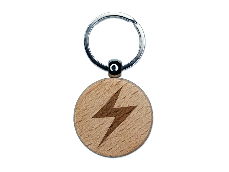 Lightning Bolt Thunderbolt Engraved Wood Round Keychain Tag Charm