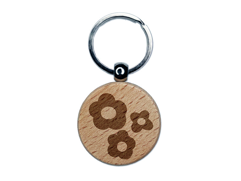 Flower Trio Engraved Wood Round Keychain Tag Charm