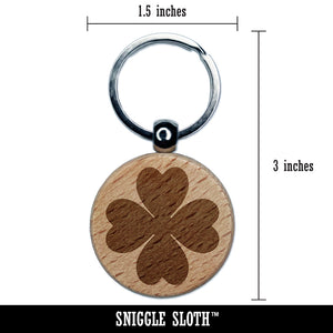 Four Leaf Clover Lucky Solid Engraved Wood Round Keychain Tag Charm