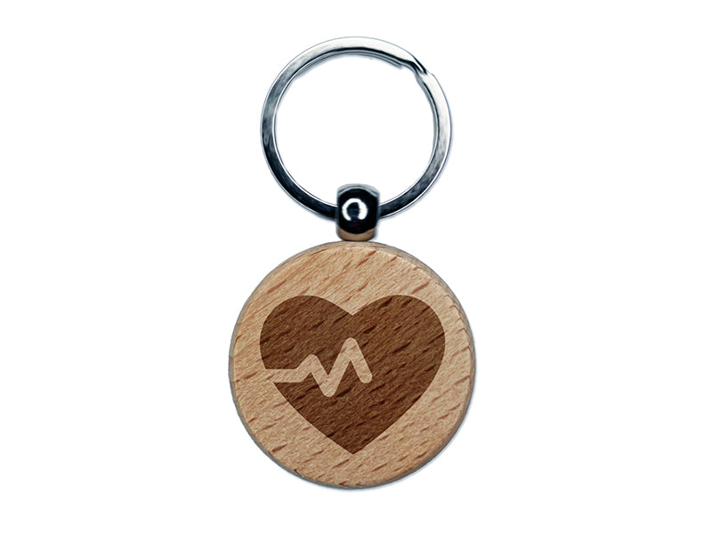 Heart Beat Engraved Wood Round Keychain Tag Charm