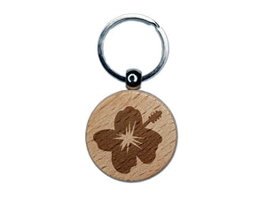 Hibiscus Hawaii Tropical Flower Engraved Wood Round Keychain Tag Charm