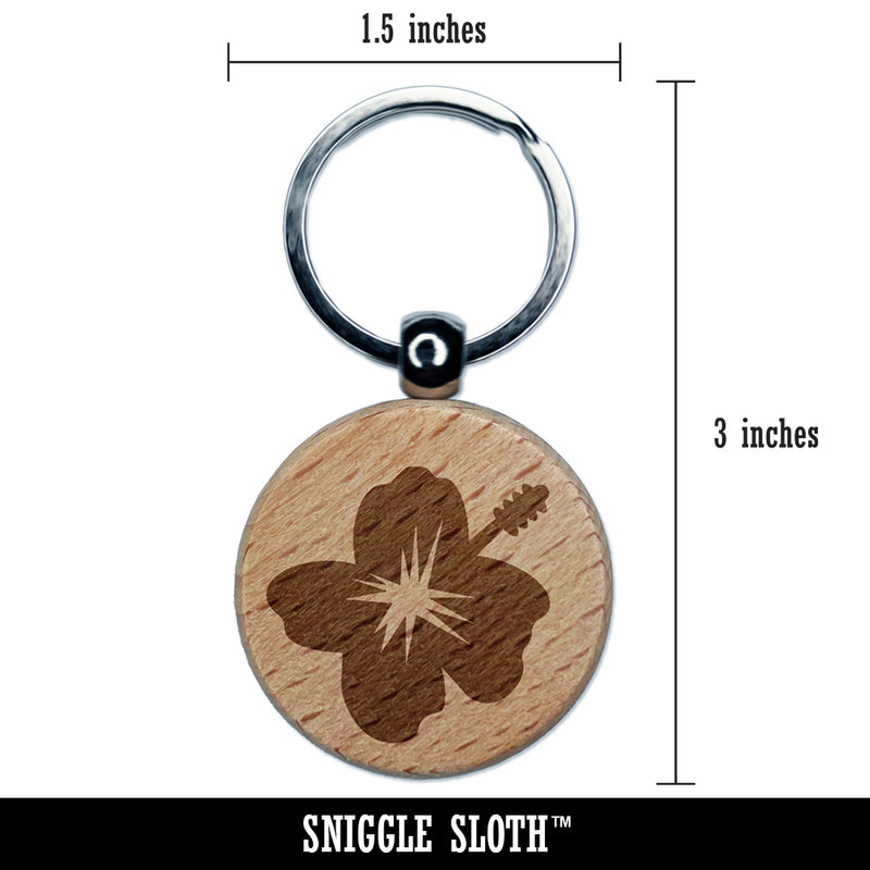 Hibiscus Hawaii Tropical Flower Engraved Wood Round Keychain Tag Charm