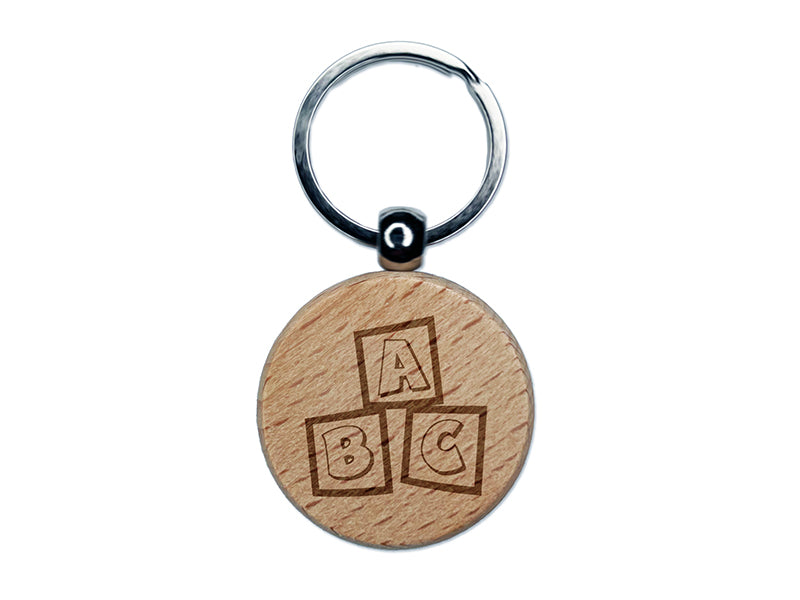 ABC Kids Baby Blocks Engraved Wood Round Keychain Tag Charm