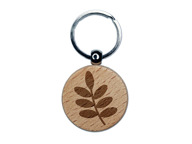 Leaf Branch Solid Engraved Wood Round Keychain Tag Charm