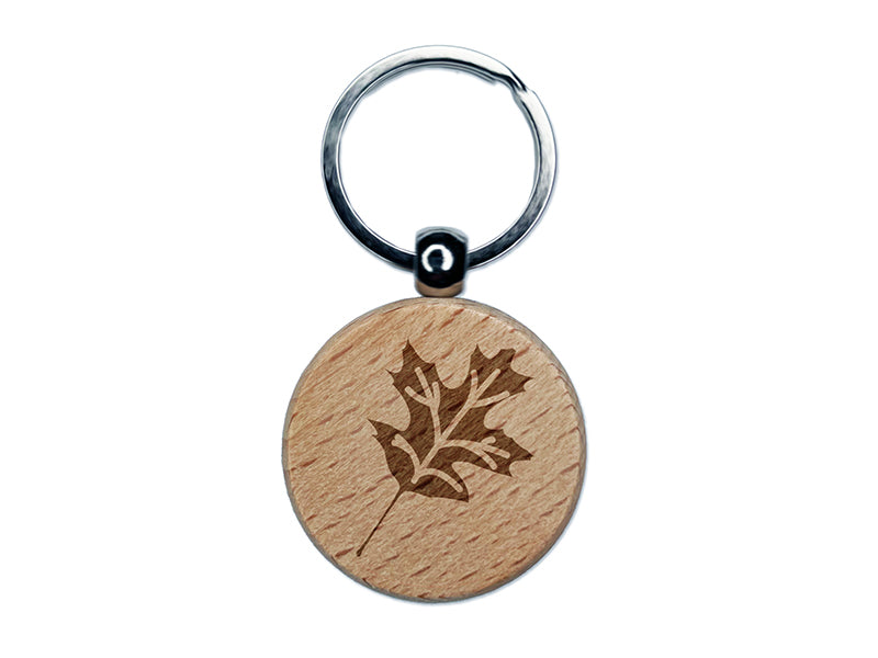 Oak Leaf Engraved Wood Round Keychain Tag Charm