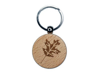 Oak Leaf Engraved Wood Round Keychain Tag Charm