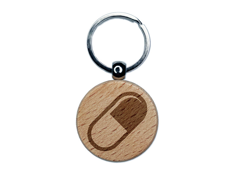 Pill Medicine Engraved Wood Round Keychain Tag Charm