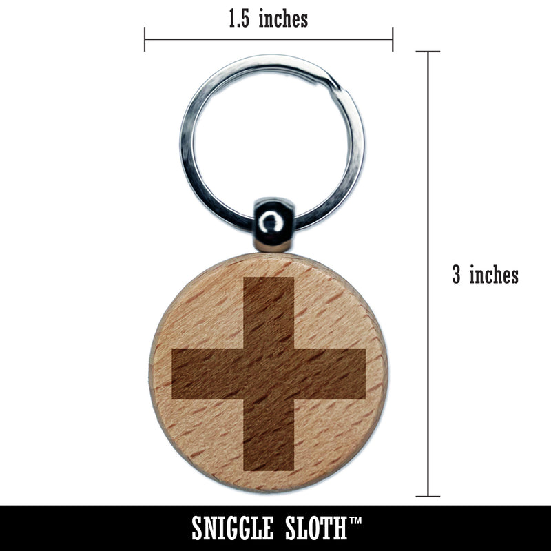 Plus Sign Solid Engraved Wood Round Keychain Tag Charm