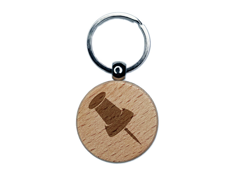 Push Pin Thumbtack Engraved Wood Round Keychain Tag Charm