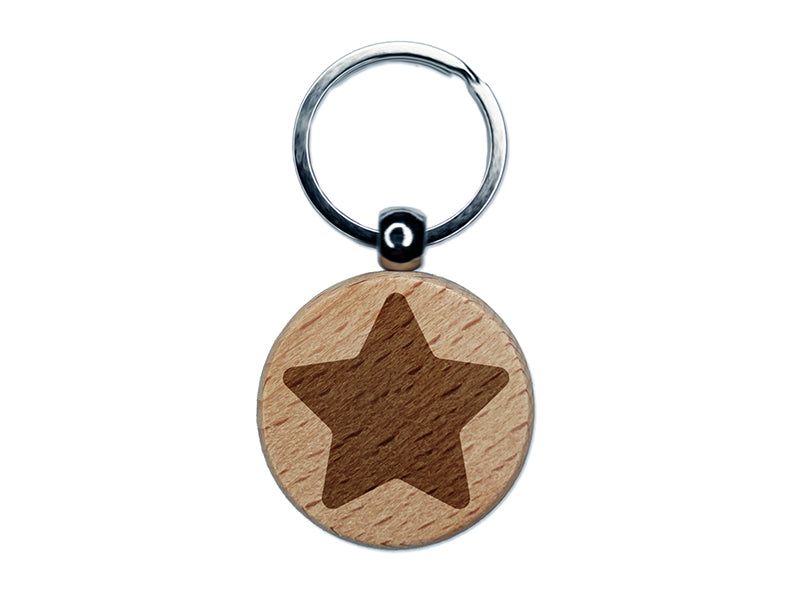 Star Curved Points Engraved Wood Round Keychain Tag Charm