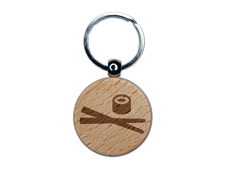 Sushi with Chopsticks Engraved Wood Round Keychain Tag Charm