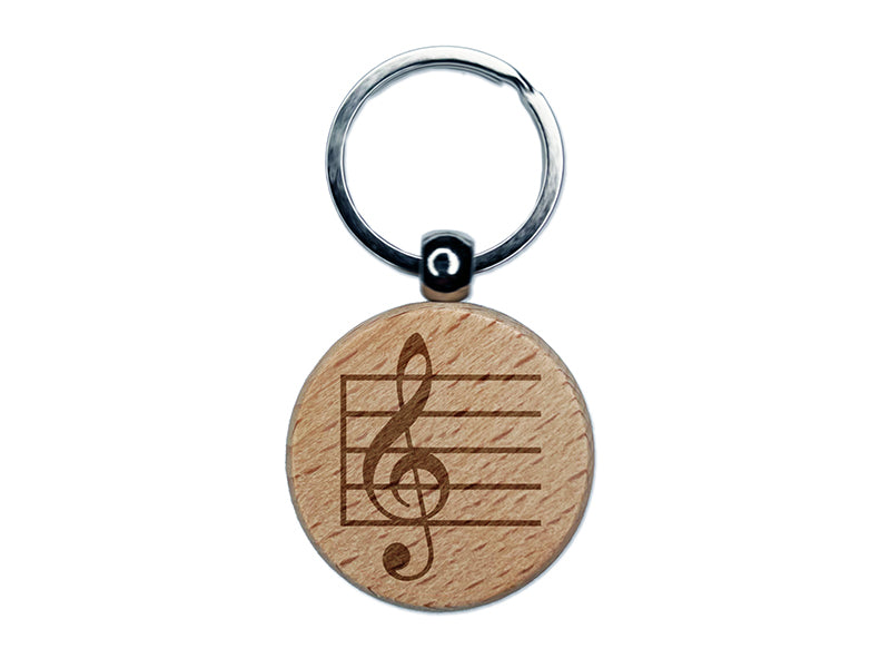 Treble Clef on Staff Music Engraved Wood Round Keychain Tag Charm