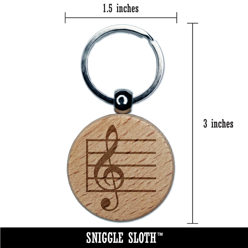Treble Clef on Staff Music Engraved Wood Round Keychain Tag Charm