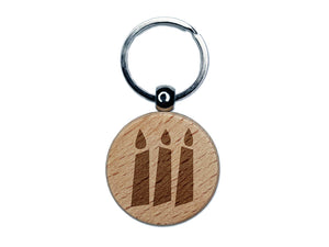 Birthday Candle Trio Solid Engraved Wood Round Keychain Tag Charm