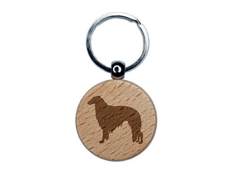 Borzoi Russian Wolfhound Dog Solid Engraved Wood Round Keychain Tag Charm